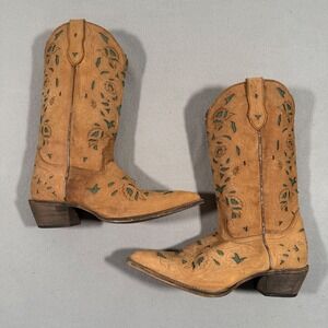 Laredo Tan Leather Teal Floral Cutout Western Cowgirl Boots 52102 Womens 8.5M
